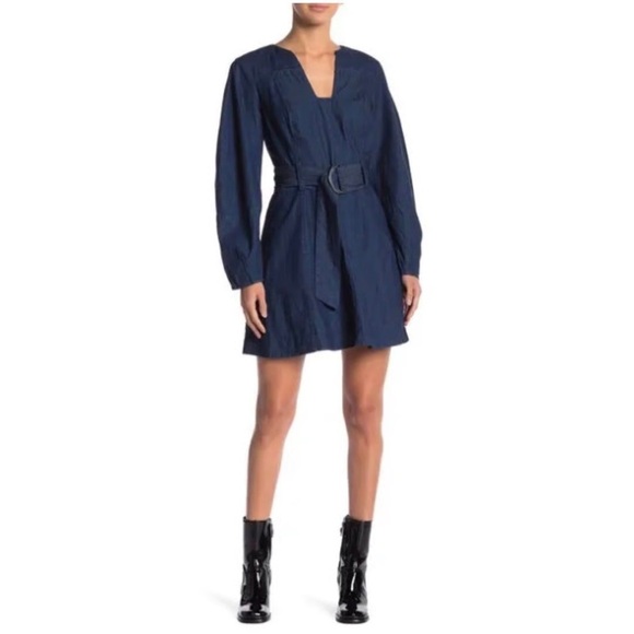 Free People Karmen Cotton Denim Mini Dress Deep Sea Wash Chambray Long Sleeve S - Picture 4 of 11